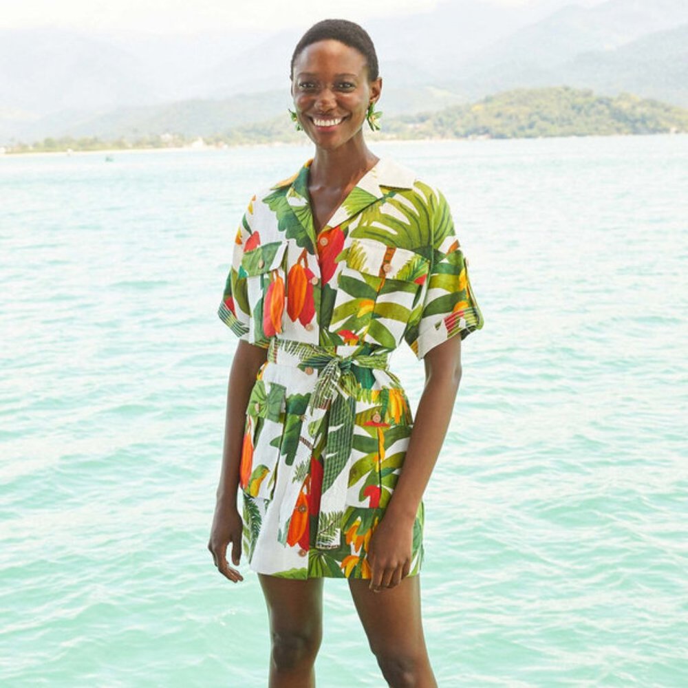 Tropical Leaf & Floral Short Dress - Green & Orange